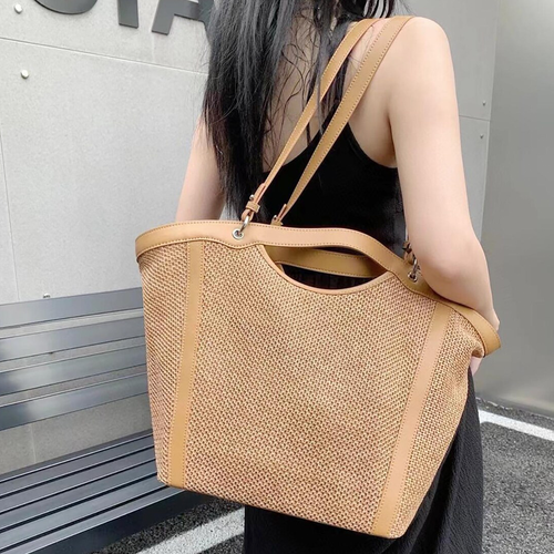 Fine Mesh Woven Oversized Tote With Front Cutout Hand Grip, Wide Shoulder Hanging Straps And Smooth Solid Edge Trim