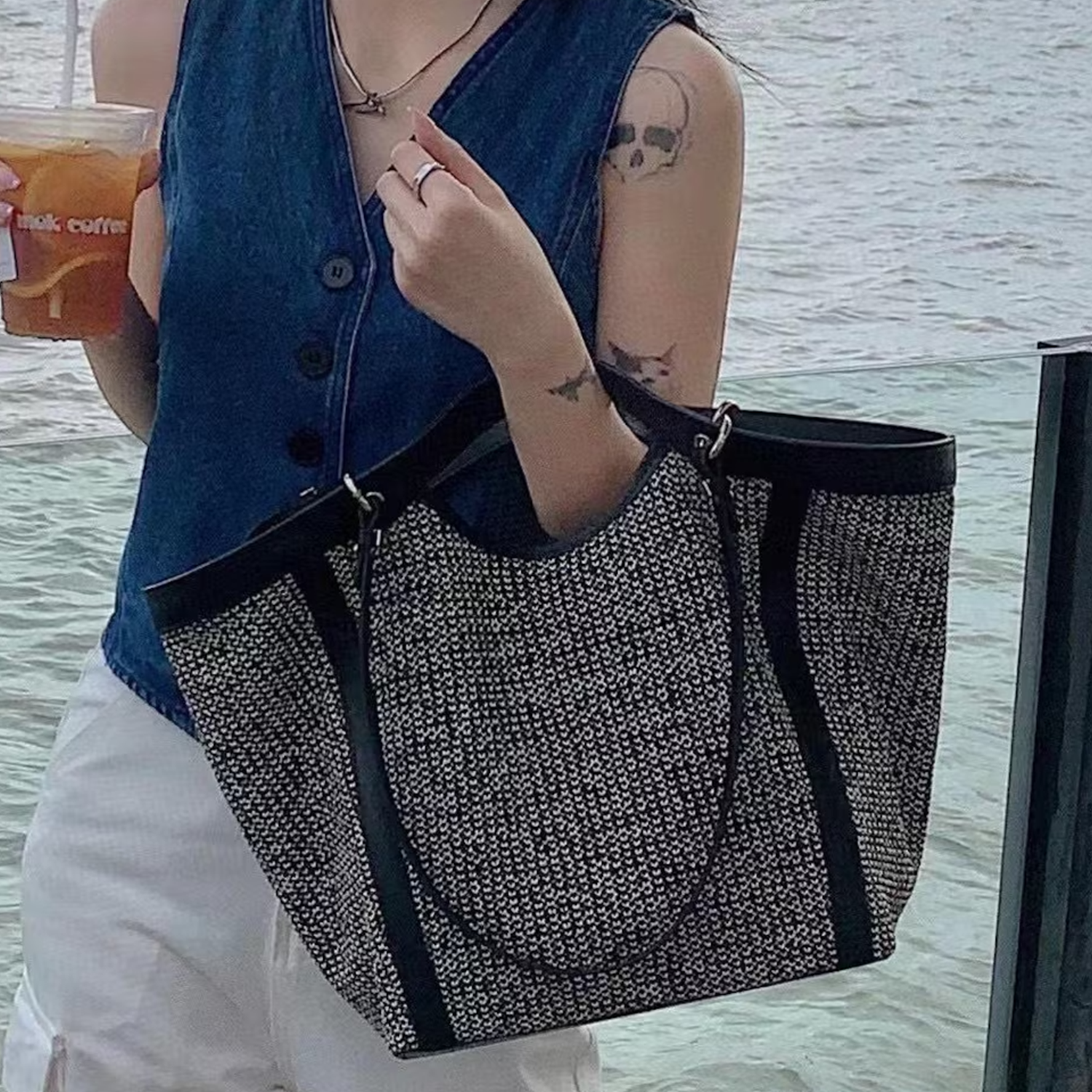 Fine Mesh Woven Oversized Tote With Front Cutout Hand Grip, Wide Shoulder Hanging Straps And Smooth Solid Edge Trim