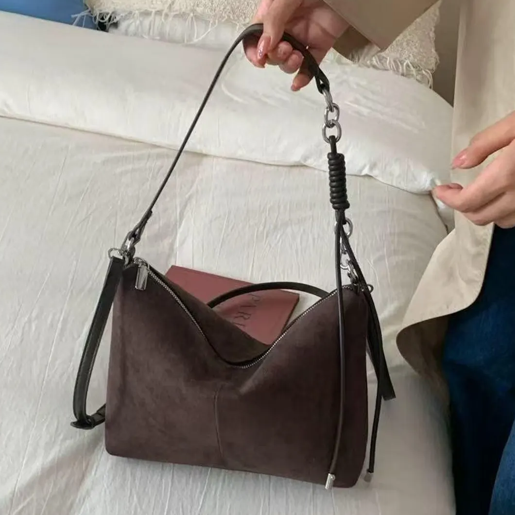 Fuzzy Sloped Hobo Pouch With Metal Link Coil Hardware, Full Horizontal Zip Closure And Dual Fabric Link Hanging Assembly