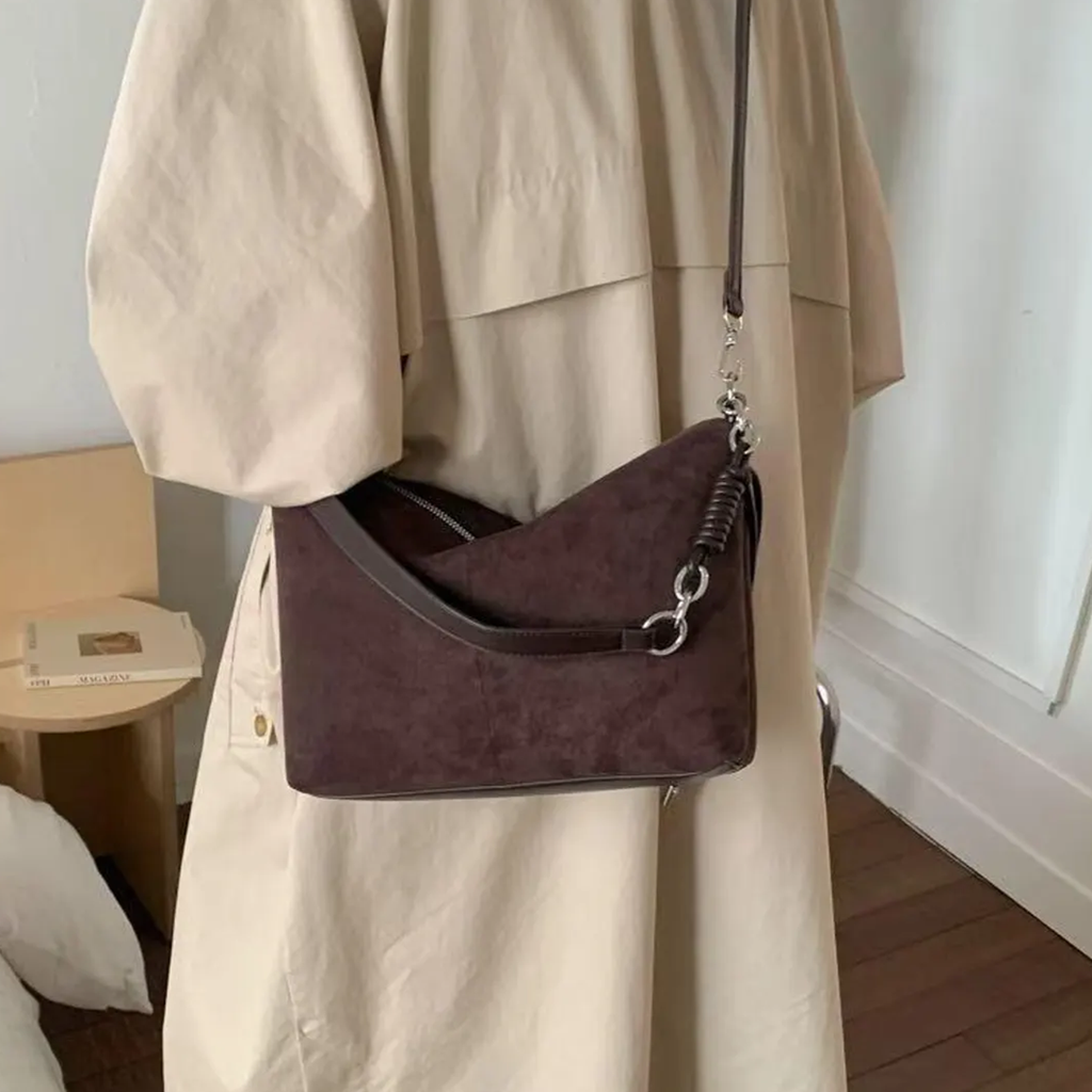 Fuzzy Sloped Hobo Pouch With Metal Link Coil Hardware, Full Horizontal Zip Closure And Dual Fabric Link Hanging Assembly
