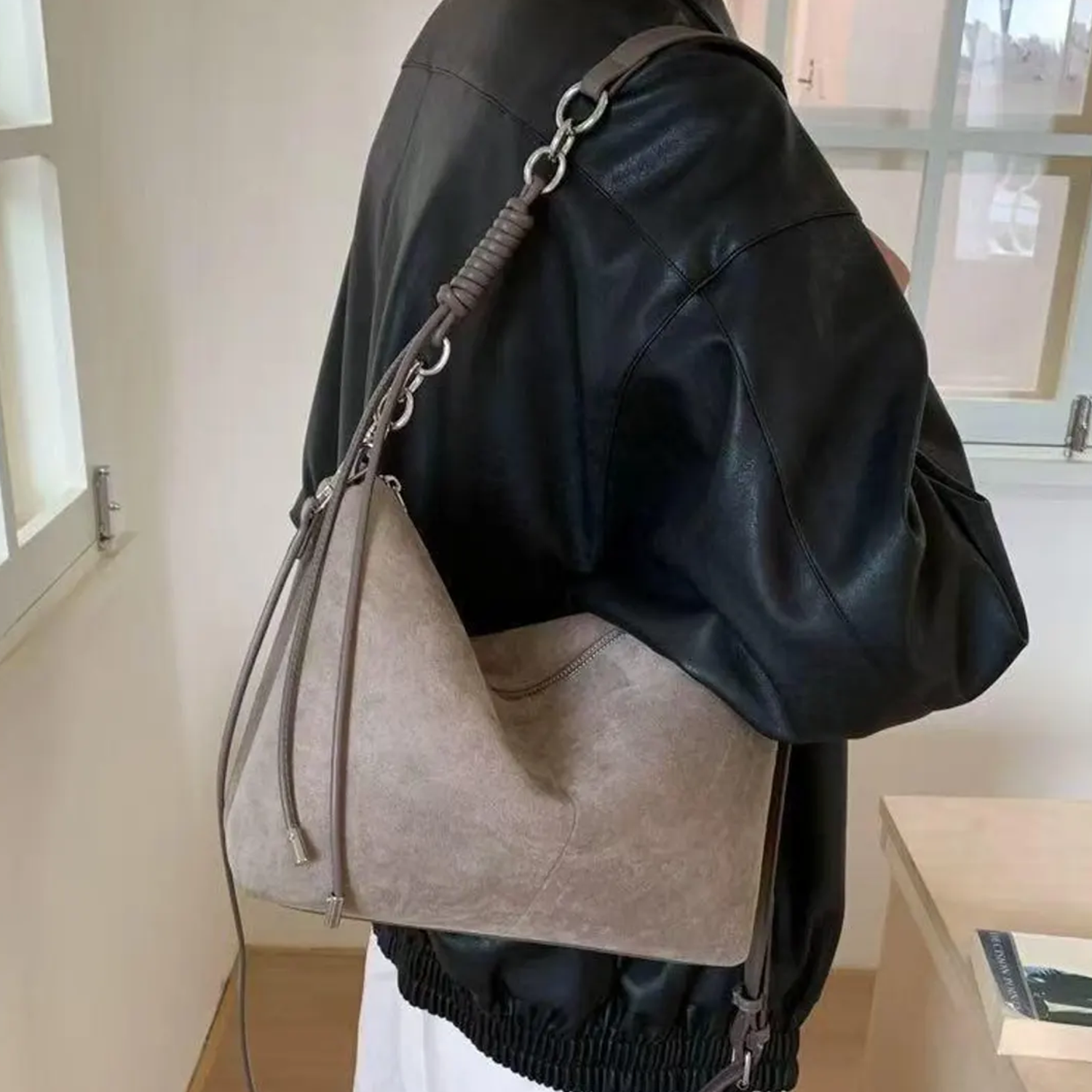 Fuzzy Sloped Hobo Pouch With Metal Link Coil Hardware, Full Horizontal Zip Closure And Dual Fabric Link Hanging Assembly