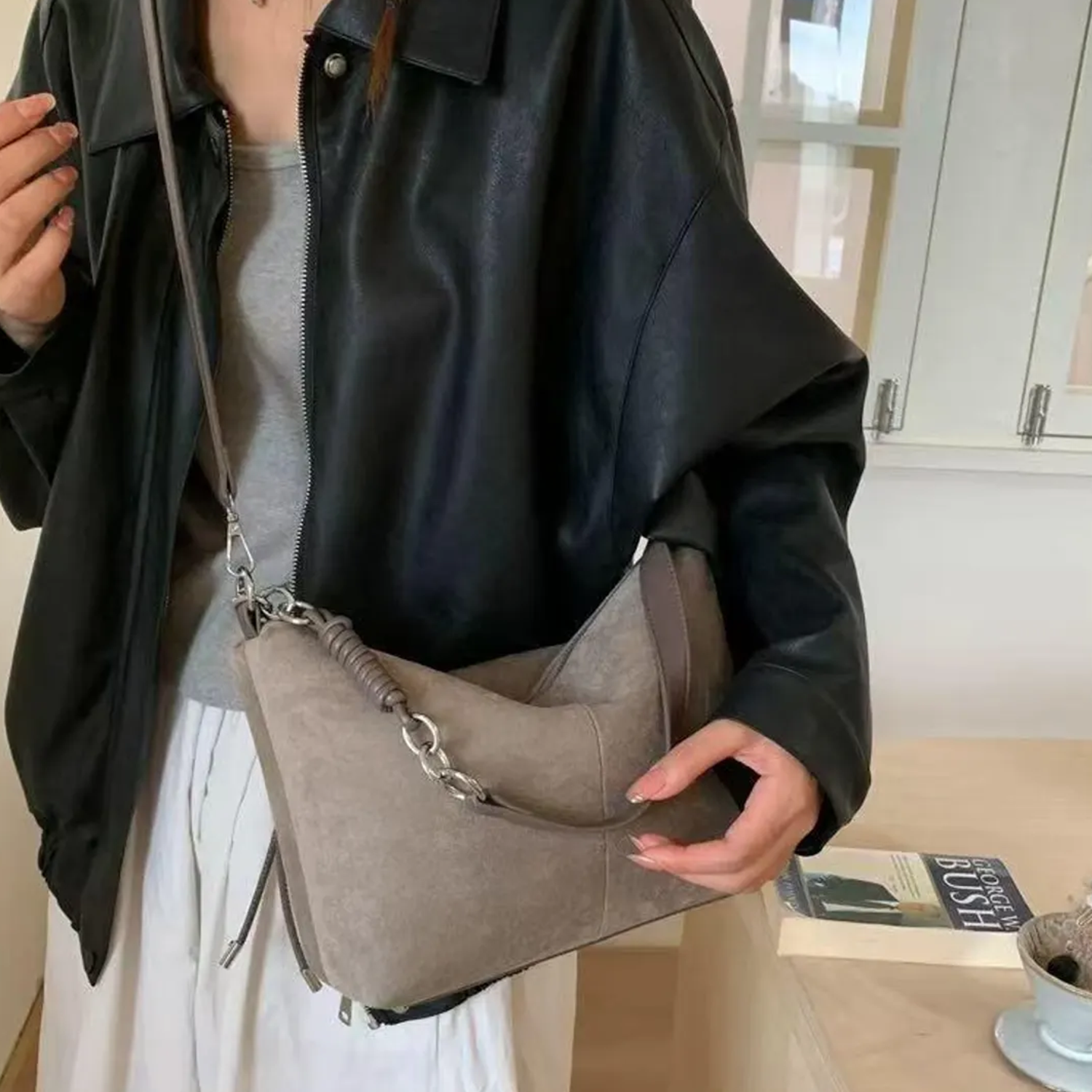 Fuzzy Sloped Hobo Pouch With Metal Link Coil Hardware, Full Horizontal Zip Closure And Dual Fabric Link Hanging Assembly